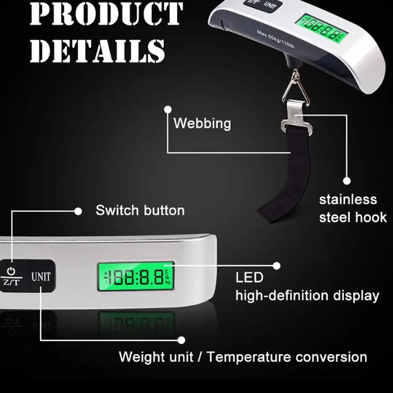 Portable hanging scale. Luggage scale 110lb/50kg electronic weighing for travel bags. Battery not included