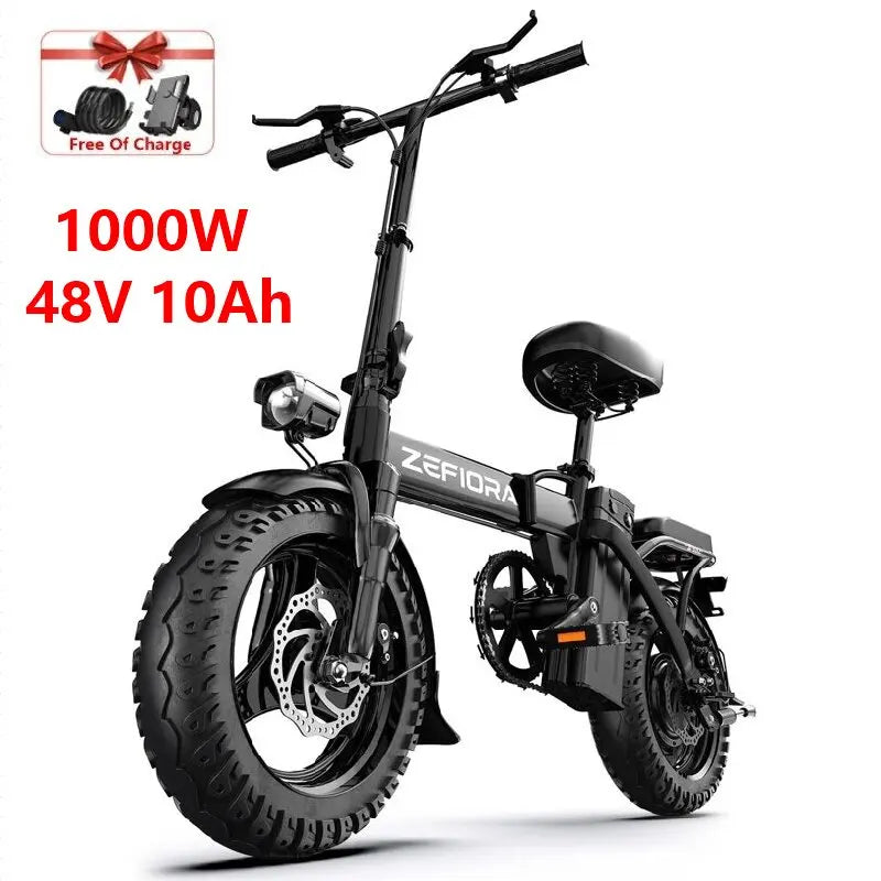 【Marca+】Bicicleta eléctrica para adultos de 1000 W, 48 V, aleación de aluminio, 14 pulgadas, bicicleta eléctrica, freno delantero ajustable, asiento, para ciclismo, bicicleta eléctrica