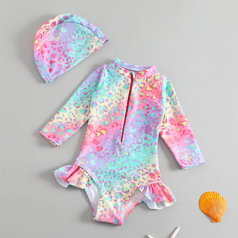 Maillot de bain une pièce avec chapeau de soleil pour petites filles de 1 à 2 3 4 5 6 ans, manches à volants léopard, fermeture éclair, vêtements de plage pour bébé