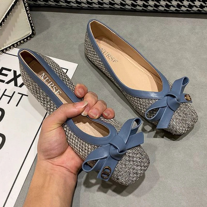 Zapatos de mujer 2025 nueva pajarita tejida punta cuadrada bailarinas de mujer Suela blanda zapatos de mujer de moda de talla grande Zapatos de mujer