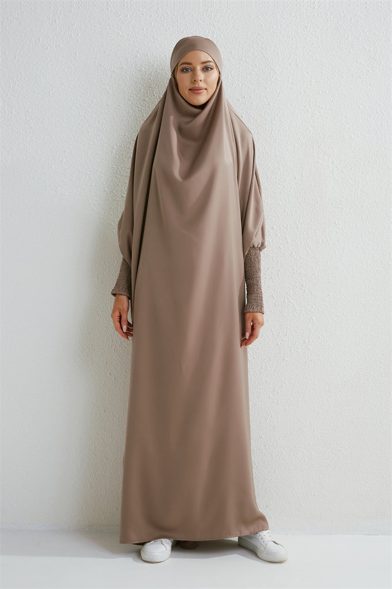 Abaya musulman à capuche manches smockées une pièce Robe de prière femmes Jilbab vêtements islamiques dubaï saoudien Robe noire modestie turque