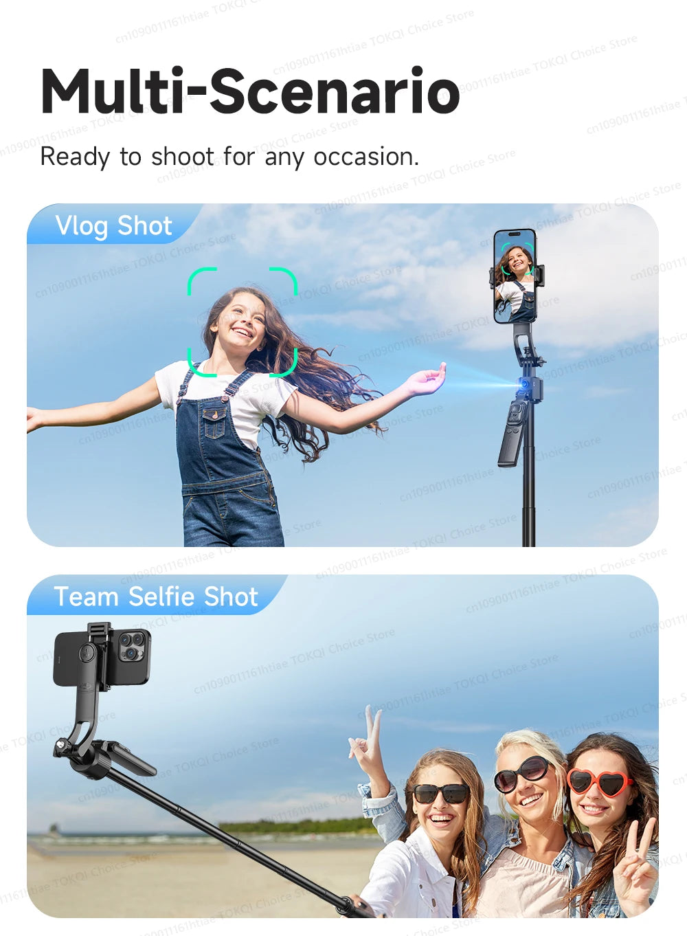 TOKQI C17 – Trépied selfie 360° avec suivi IA automatique, télécommande et lumière de remplissage