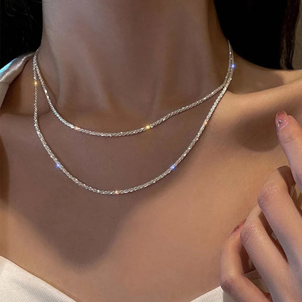 Simple Sparkling Necklace for Women, Silver Color, Clavicle Chain, Choker, Korean, Wedding Party Gift Jewelry