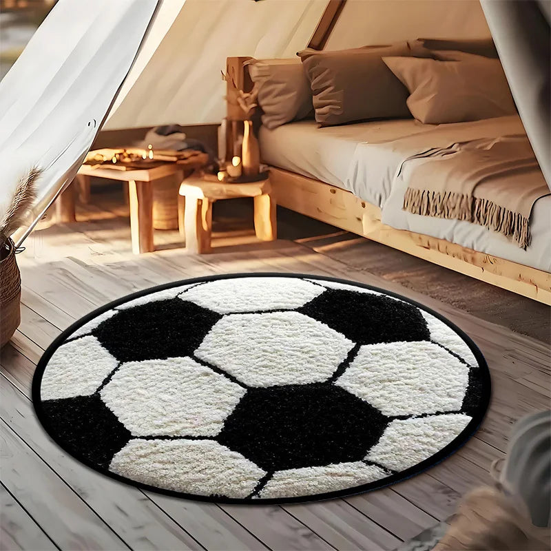 Tapis Rond Motif Ballon de Football Noir & Blanc — Polyester Antidérapant, Décoration Intérieure 40–150 cm