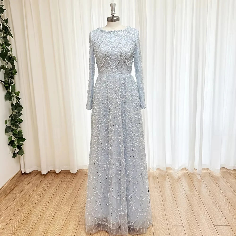 Mina Custom Beads Robes de soirée luxueuses pour femmes pour occasions formelles Paillettes. Robe de soirée de luxe à manches longues et col rond