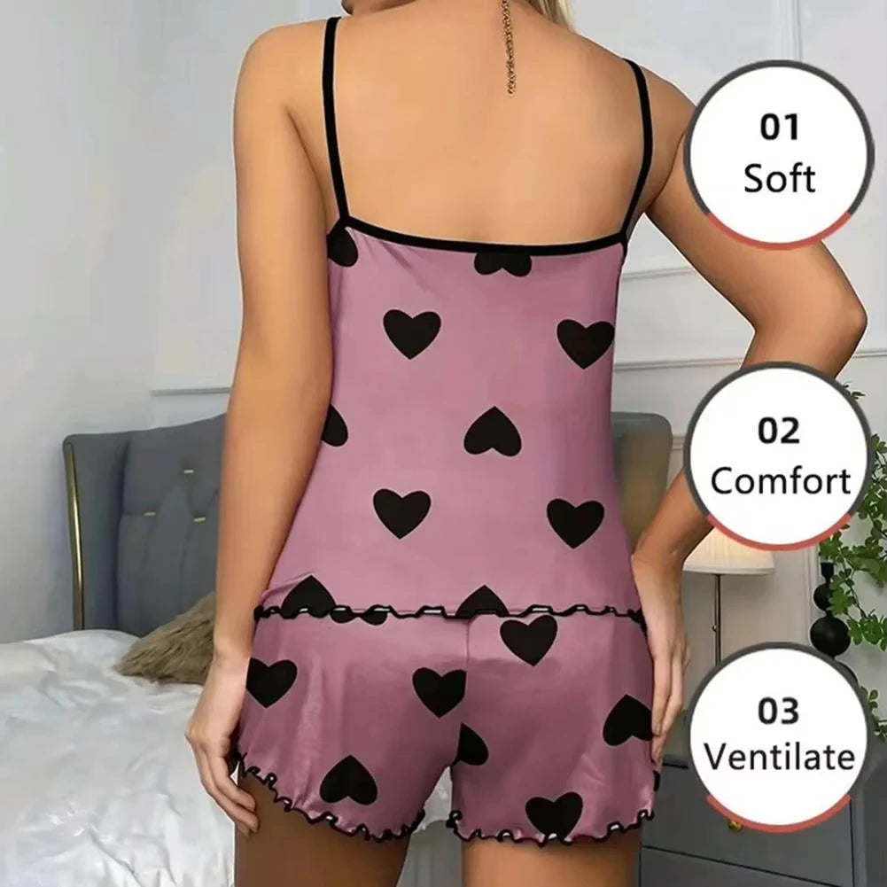 Conjunto de pijama para mujer, camisetas y pantalones cortos, camiseta rosa con estampado de corazón, cuello redondo, top de seda helada, cómodo e informal, verano