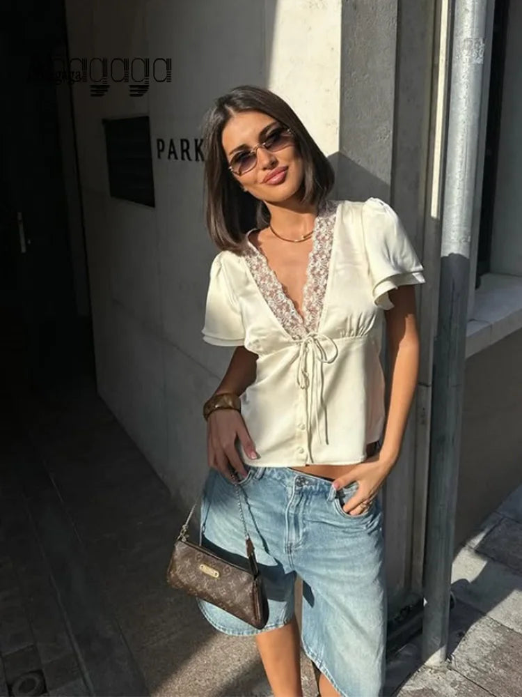 Ahagaga décontracté haut pour femme solide dentelle col manches courtes Satin mince bouton régulier Eelgant Streetwear t-shirts femme basique t-shirts