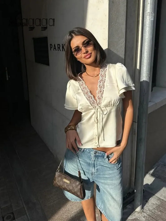 Ahagaga décontracté haut pour femme solide dentelle col manches courtes Satin mince bouton régulier Eelgant Streetwear t-shirts femme basique t-shirts