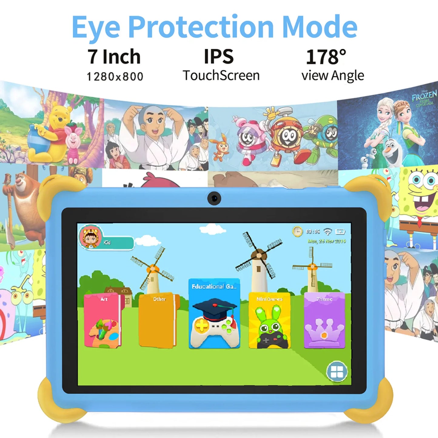 Tableta infantil de 7 pulgadas 5G con diseño de dibujos animados, PC de aprendizaje y educación Android con funda a prueba de niños, tableta de 4000 mAh