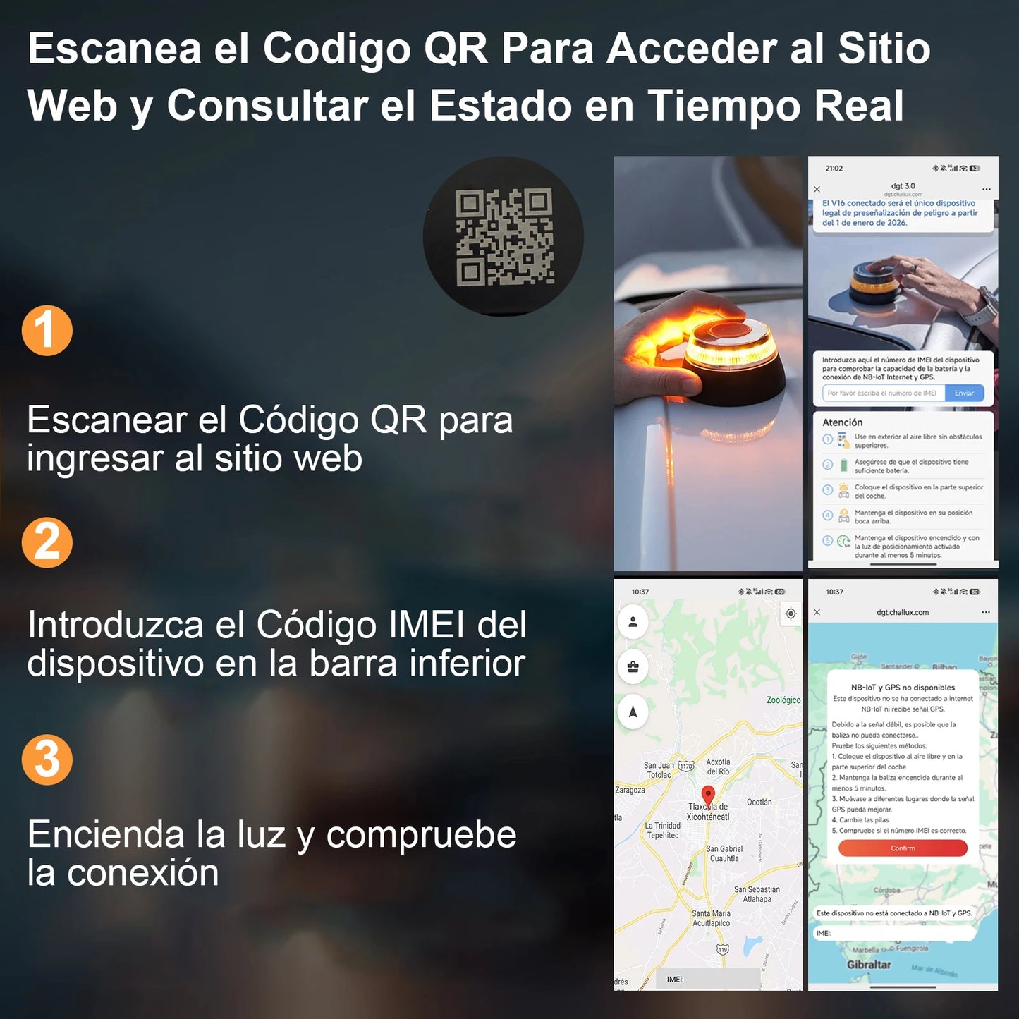 Feu de détresse automobile homologué DGT V16 avec connectivité DGT 3.0 et balise d'authentification par géolocalisation, valable jusqu'en 2038