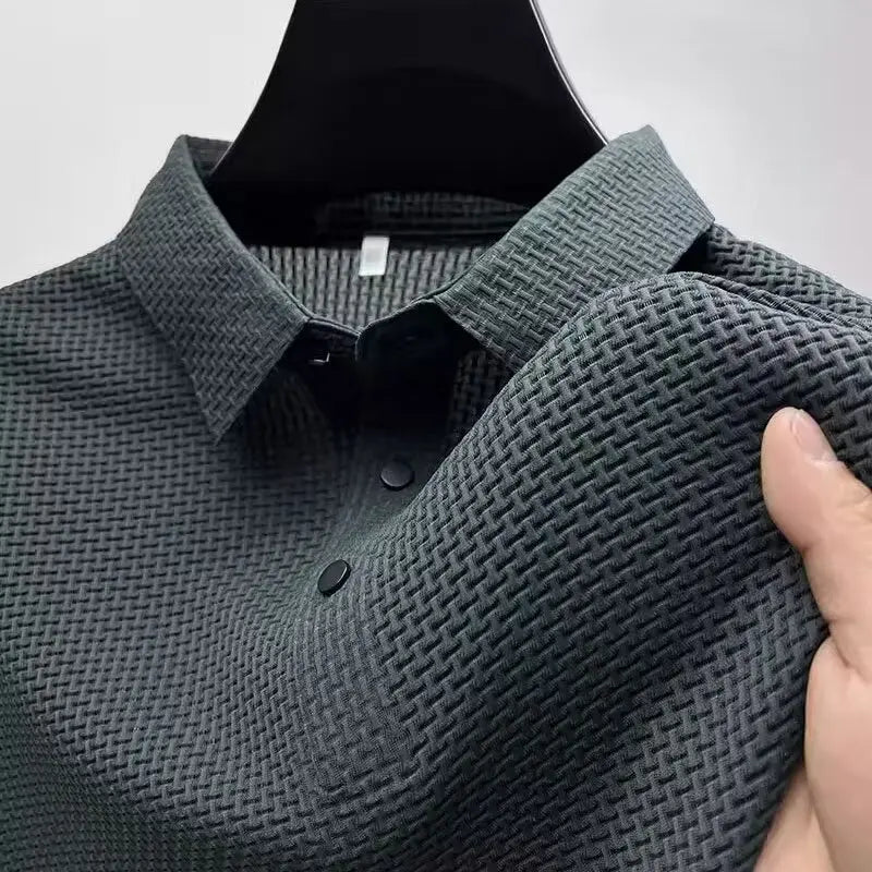 Polo Soie Glacée Homme Manches Courtes — Respirant Creux Mode Affaires Été