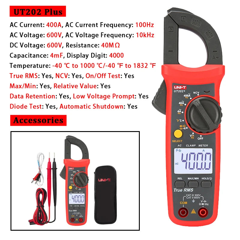 Pince multimètre AC/DC numérique — voltmètre, ampèremètre, multitesteur électrique professionnel