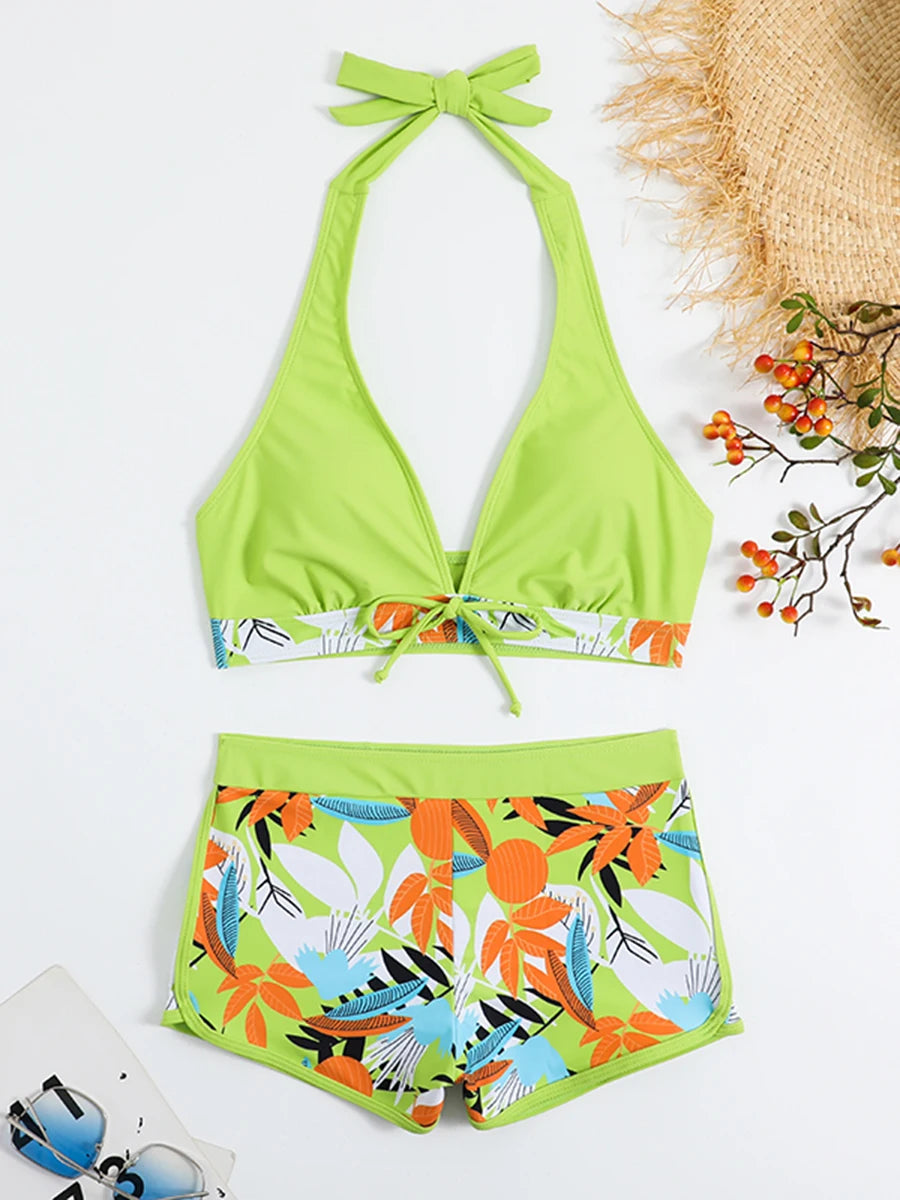 Ensemble de bikini halter 2026, maillot de bain court pour femme, maillot de bain taille haute imprimé, tenue de plage