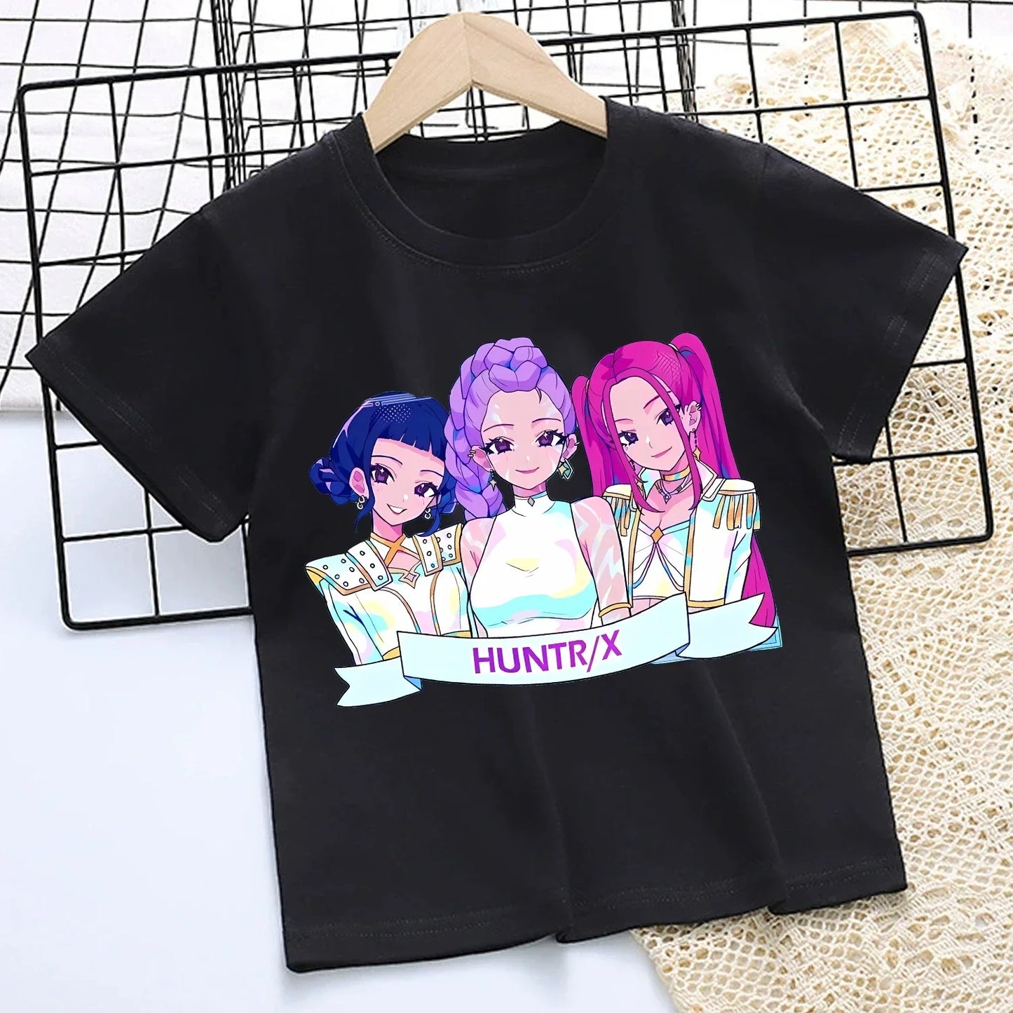 Camiseta de K-Pop Demon Hunters para niños, camiseta negra de dibujos animados para niñas, cuello redondo, ropa de manga corta