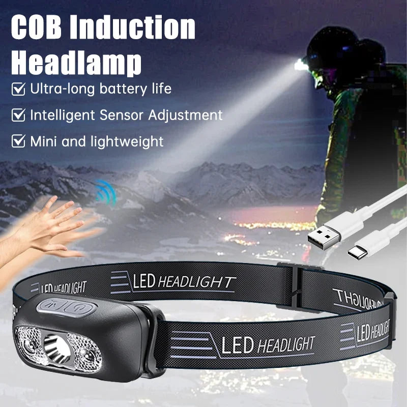 Lampe frontale puissante à LED portable avec capteur, rechargeable par USB, lampe torche frontale pour camping, pêche, lanterne d'urgence