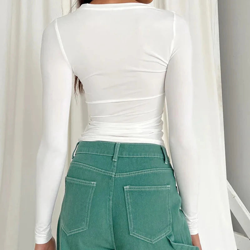 Camisetas de mujer de manga larga ajustadas, blusas de mujer de punto con cuello redondo, camisetas ajustadas de calle 2024, nuevas 2408