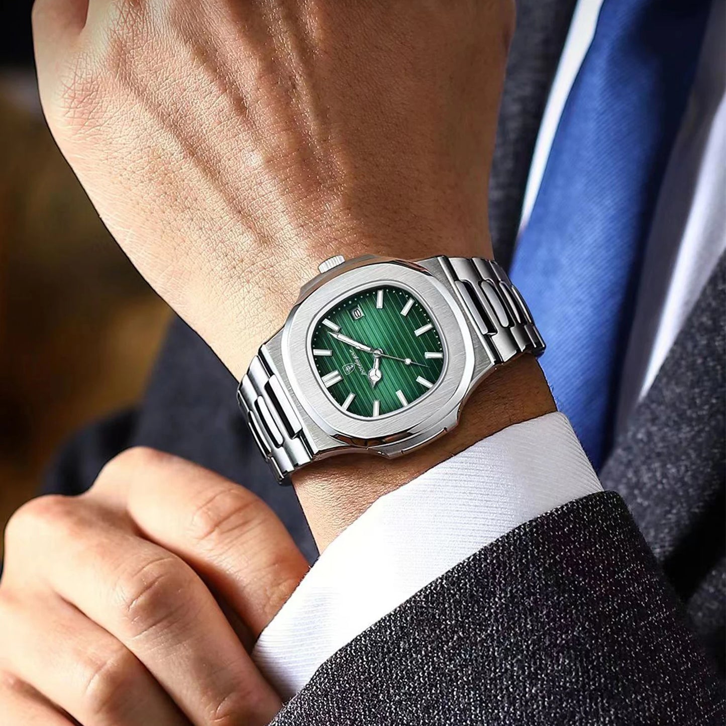 POEDAGAR - Reloj de pulsera cuadrado de moda para hombre, luminoso, impermeable, de acero inoxidable, reloj de cuarzo para hombre, de negocios, Reloj