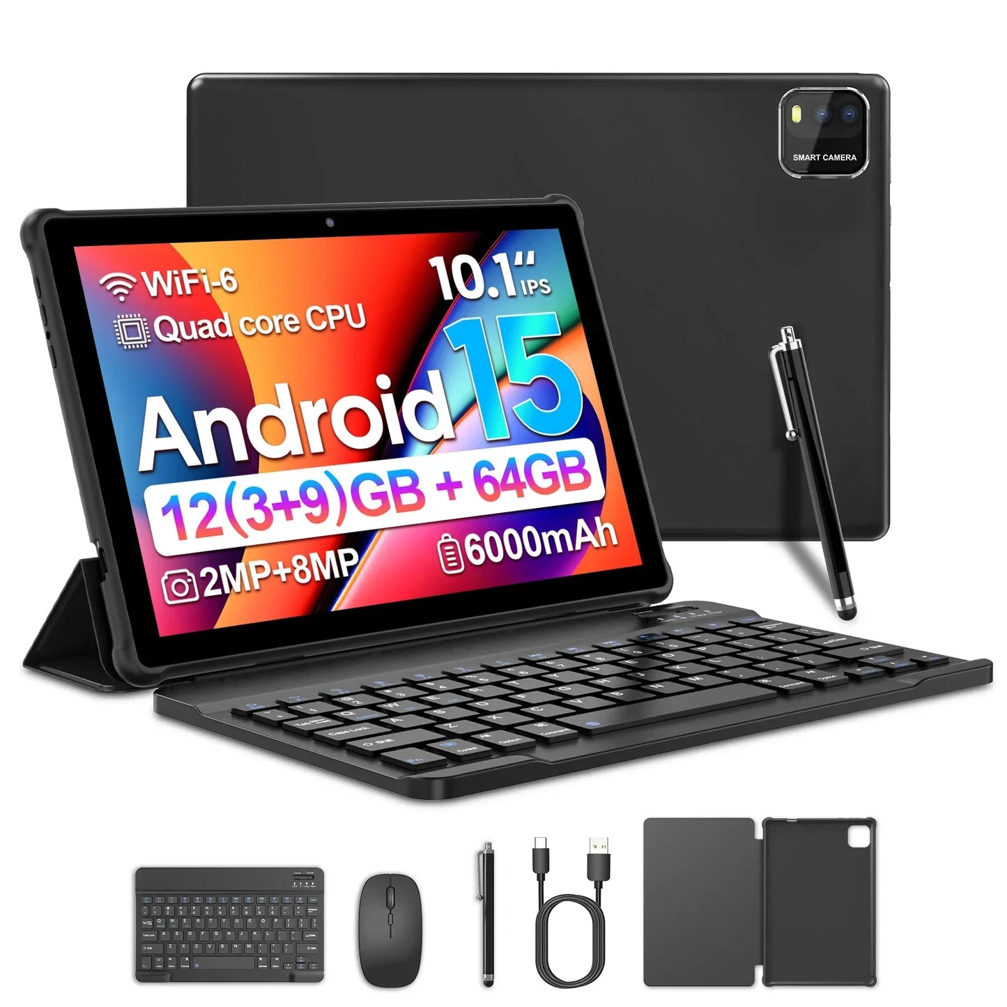 BAKEN Tableta Android 15 de 10 pulgadas, procesador de cuatro núcleos, 12 GB (3+9 de expansión) RAM + 64 GB de almacenamiento, WiFi 5G, cámara dual 1280*800