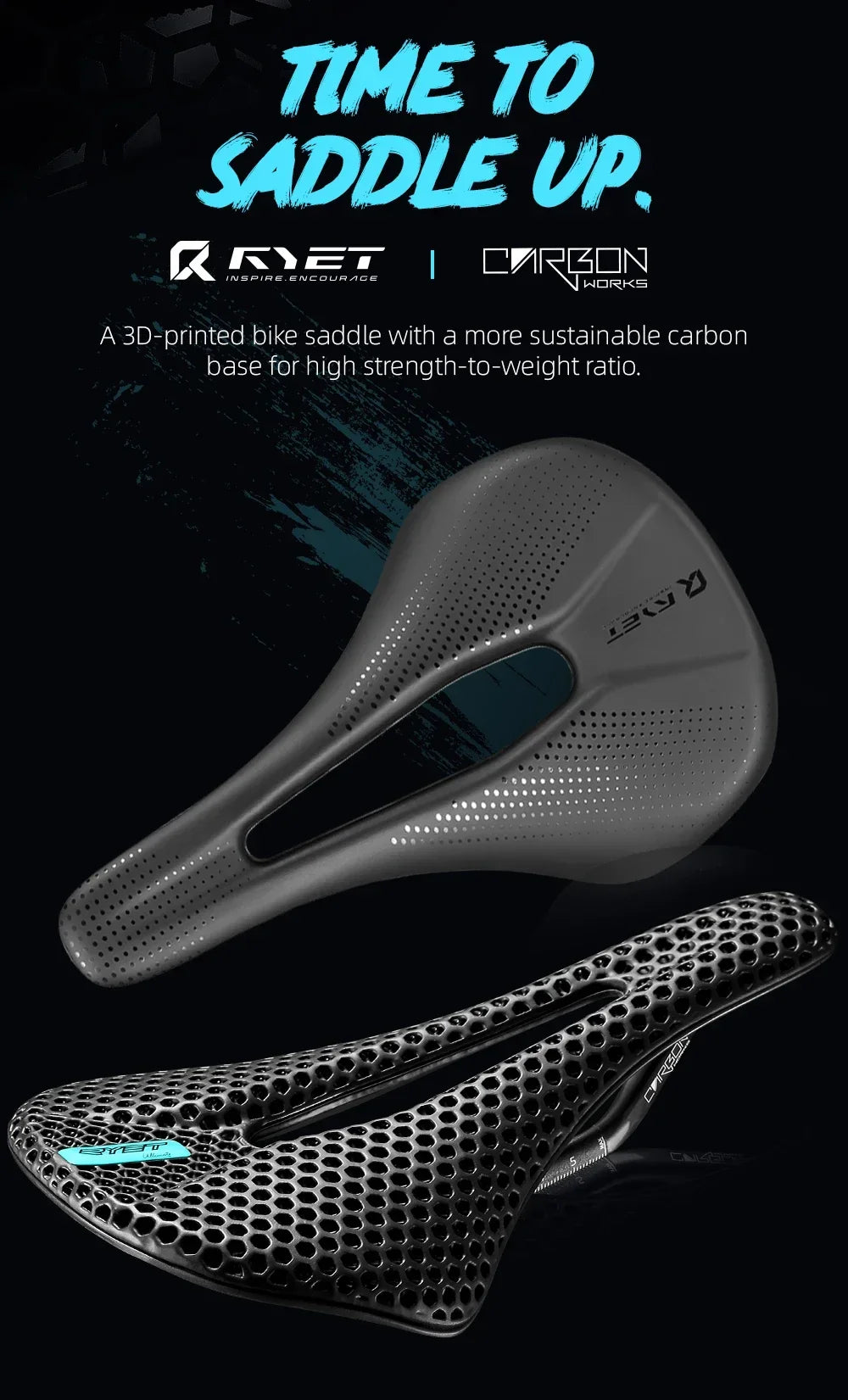 Selle vélo carbone 3D imprimée 140mm — rail rond, super légère, route, VTT, course