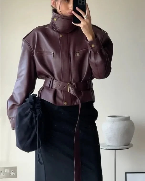 Women's Solid Burgundy Slim-Fit Lace-Up High-Neck Zip Bucket Fashion Short Jackets 2025 Ladies High Street Coat