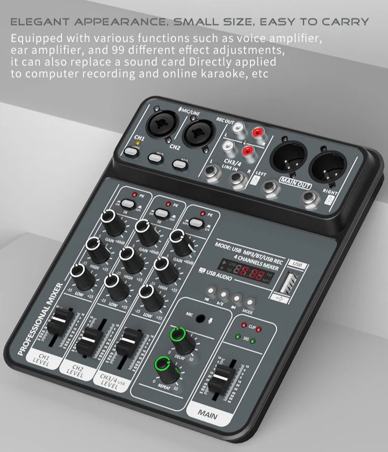 Mélangeur Audio DJ 4 Canaux USB Bluetooth — Console Mixage 48V Karaoké & Studio