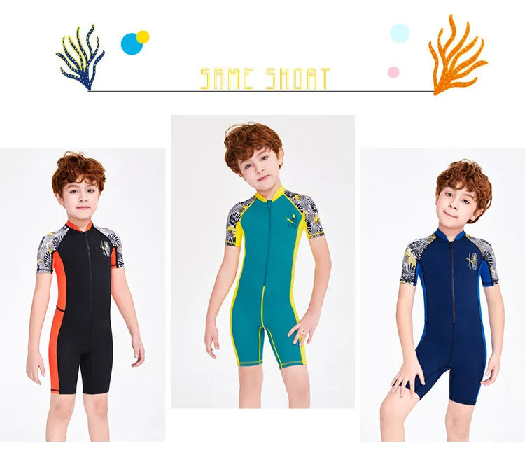 Maillots de bain une pièce pour enfants, maillot de bain pour garçons, manches longues, Protection solaire (y compris les bonnets de bain)