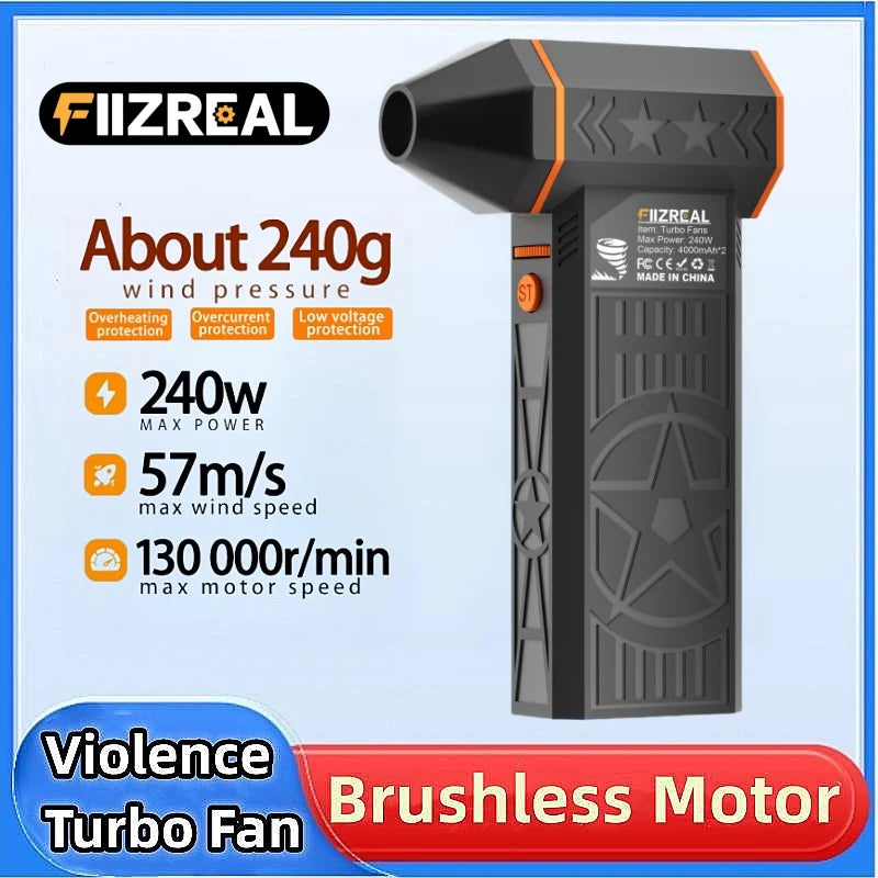 Ventilateur turbo sans brosse 240W — 8000 mAh, 57 m/s, portable, camping, charge type-C