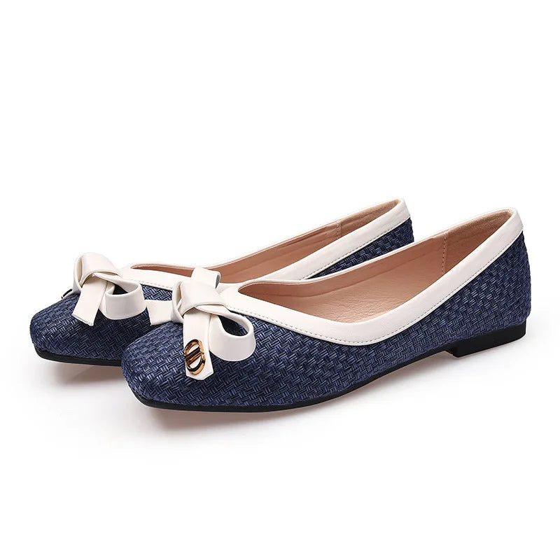 Zapatos de mujer 2025 nueva pajarita tejida punta cuadrada bailarinas de mujer Suela blanda zapatos de mujer de moda de talla grande Zapatos de mujer