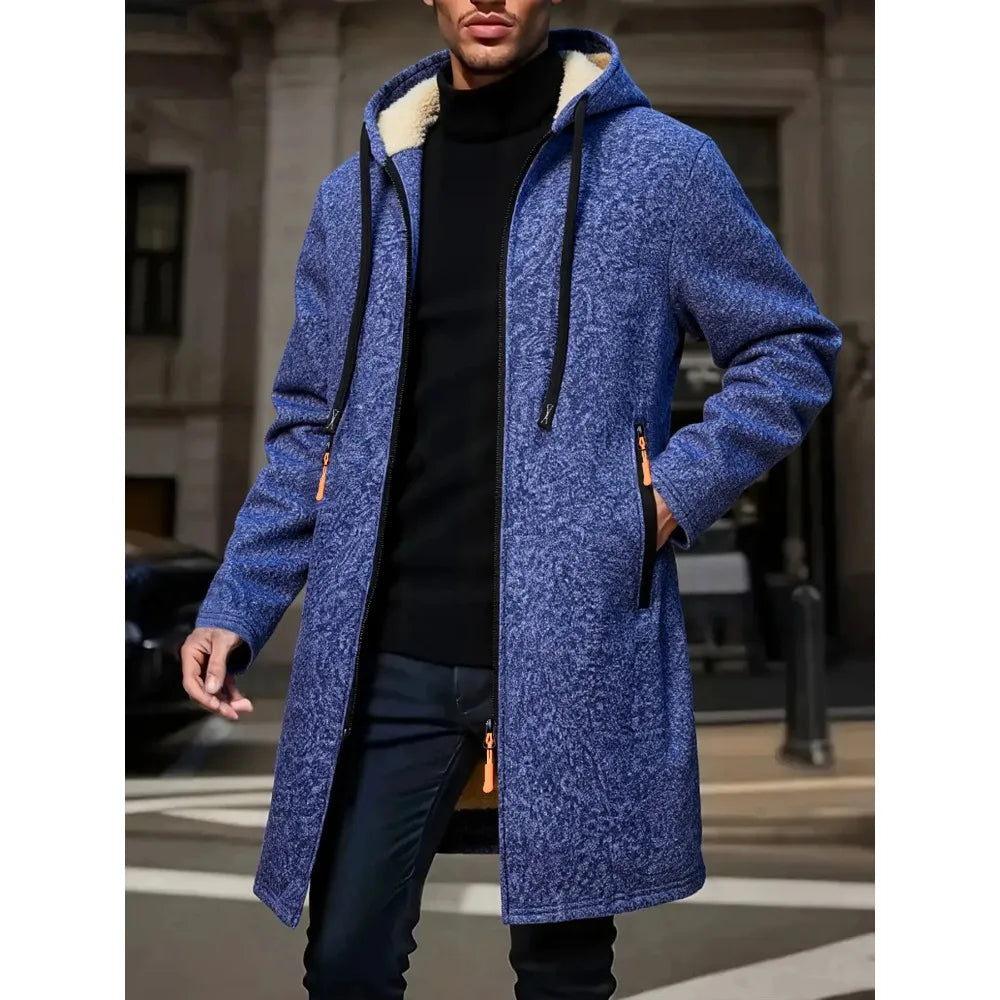 Manteau Long chaud d'hiver pour hommes, veste à fermeture éclair, coupe-vent en polaire épaisse, pardessus coupe-vent décontracté, couleur contrastée, veste à capuche