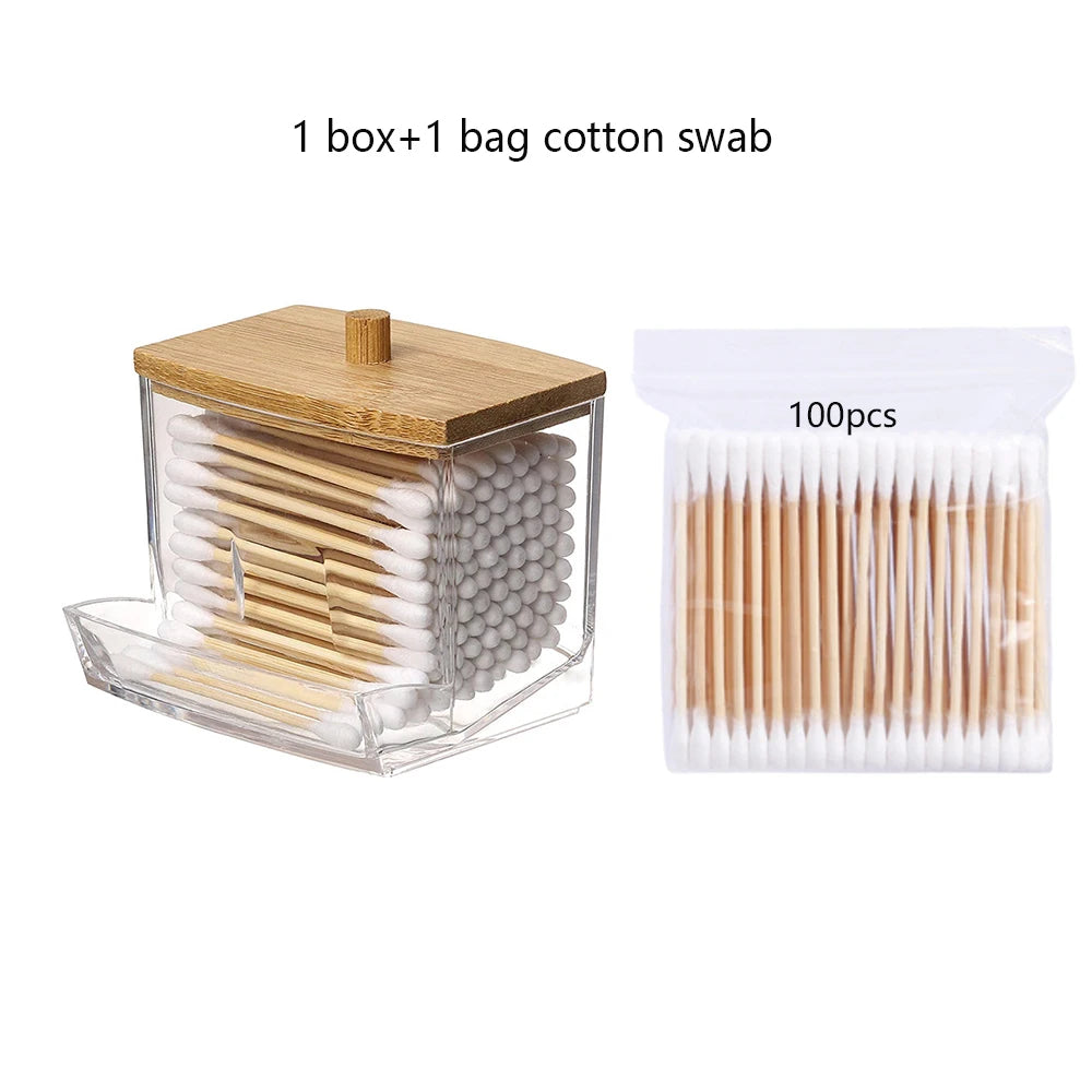 Cotton Swab Storage Box, Double Head Cotton Swab Container, Transparent Square Bamboo Lid, Toothpick Organizer Box