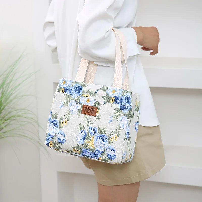 Bolsa de almuerzo estética con estampado floral, bolsa bento aislada de gran capacidad, bolsa térmica para la escuela, el trabajo, los viajes y pícnic