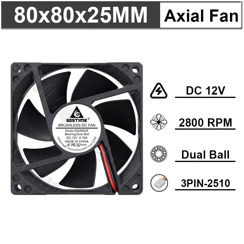 Ventilateur de refroidissement Gdstime 8025 2 broches 48V DC 5V 12V 24V 80mm, ventilateur axial USB à double roulement à billes 80x80x25mm, ventilateur de refroidissement pour boîtier PC 8CM