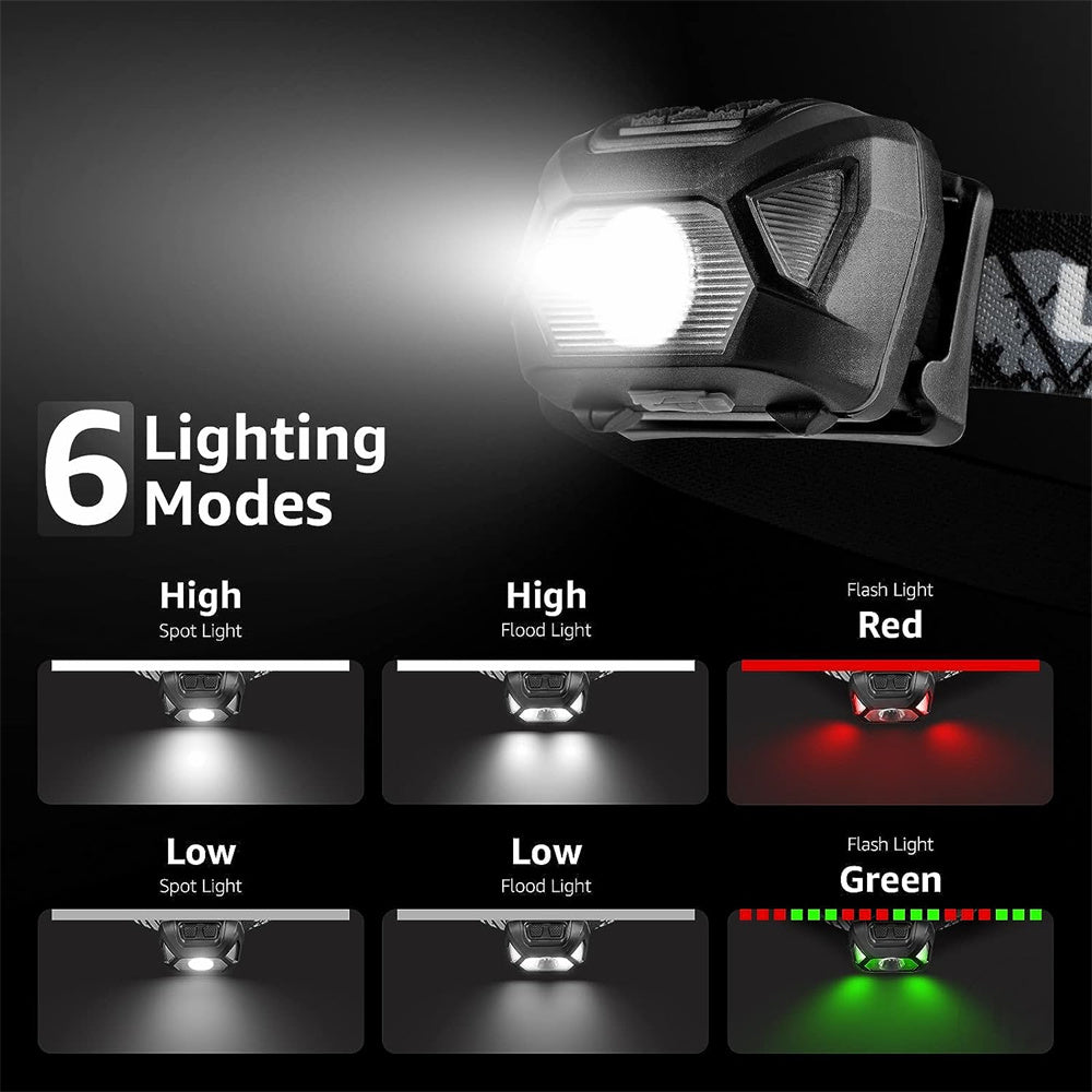 6 Modes Usb lampe frontale Rechargeable IPX4 étanche phares lampes de poche lampe frontale LED avec lumière rouge verte pour la pêche en plein air