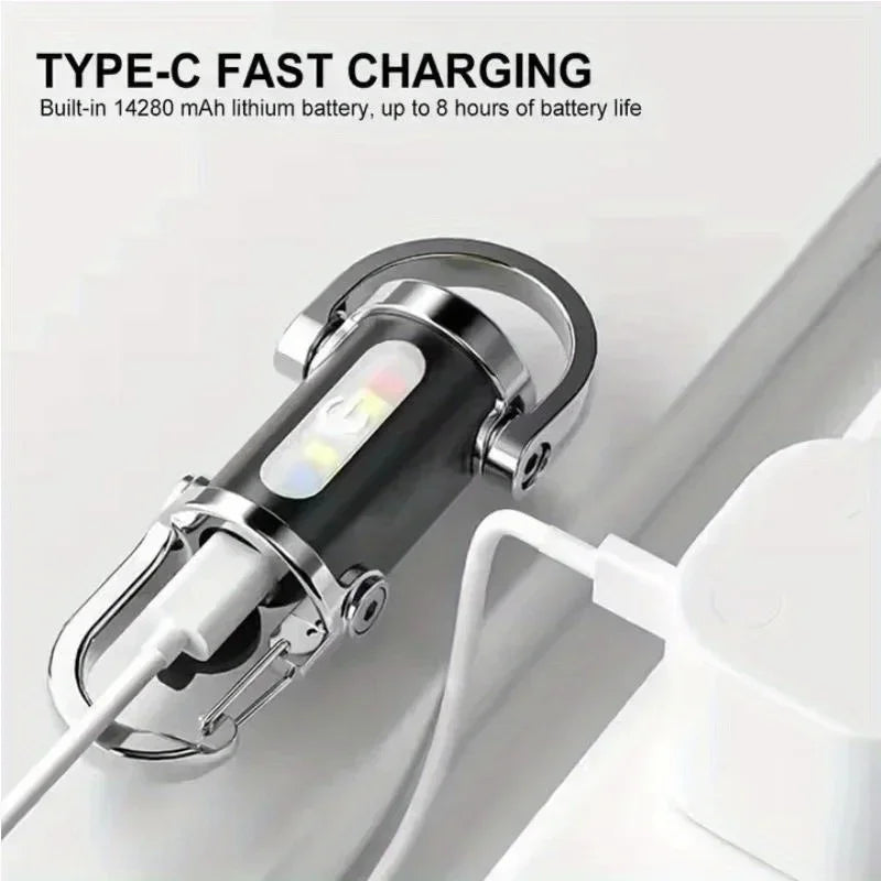 Mini lampe de poche porte-clés Rechargeable, lampe de travail COB, crochet extérieur, voyant d'avertissement d'urgence pour Camping, marche, randonnée