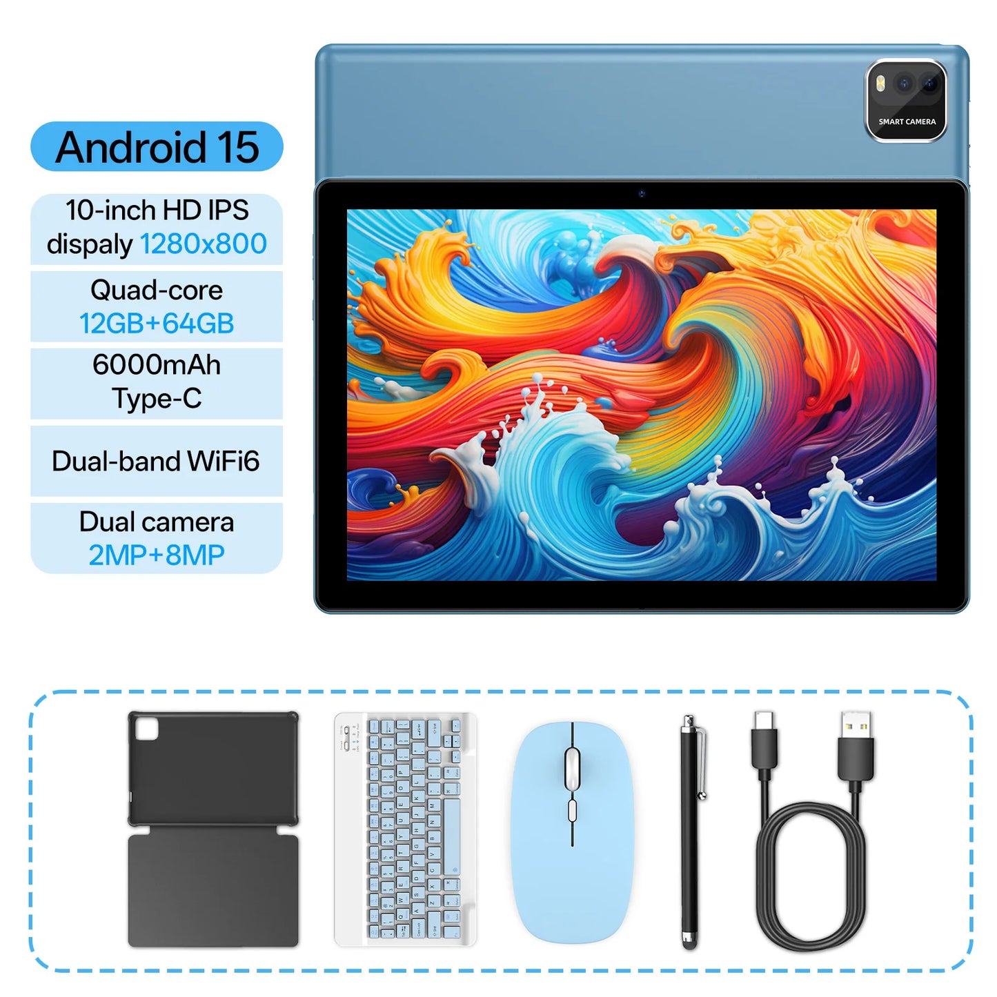 10-inch Tablet PC, Android 15 system, Quad-Core Processor, 12 (3+9) GB + 64 GB Storage, Expandable up to 1TB, Supports WiFi 6,