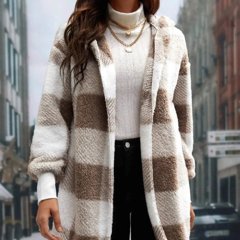 Women's Plaid Double Fleece Cardigan, Soft Loose Long Sleeve Plush Warm Hooded Jacket, Patchwork Outerwear Coat, Autumn Winter