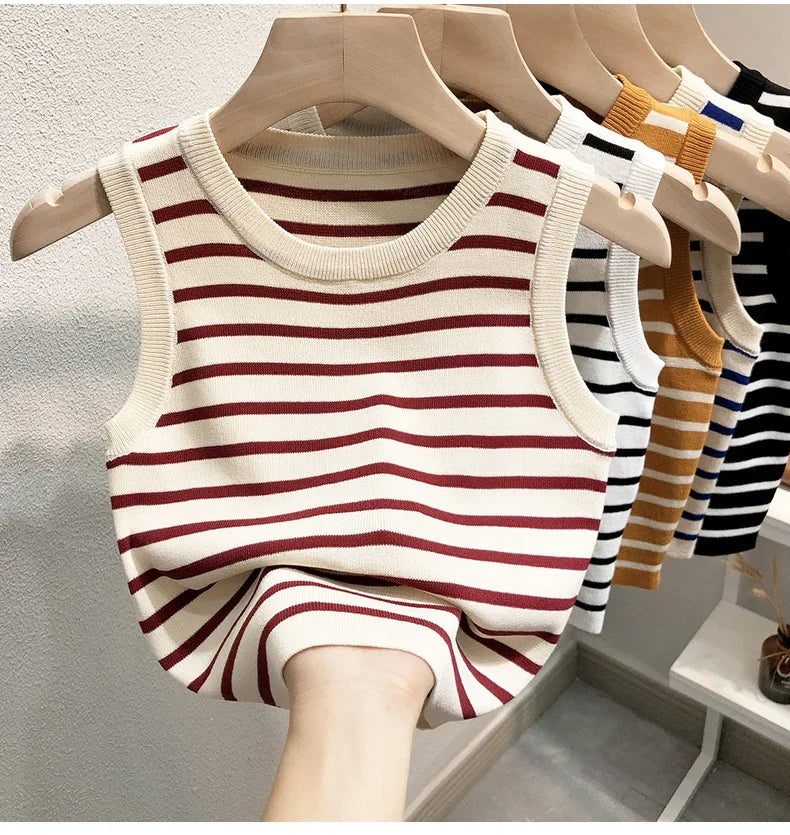 Débardeurs rayés tricotés sans manches pour femme, collection Printemps-Été 2026, style crop top, coupe ajustée élastique, décontracté, pull-over, camisole