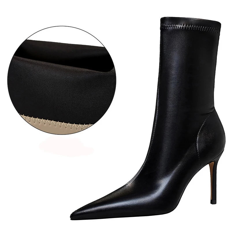 BIGTREE-Botas de piel de tacón alto para mujer, botines cortos, zapatos de tacón, otoño e invierno