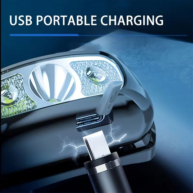 Lampe frontale puissante à LED portable avec capteur, rechargeable par USB, lampe torche frontale pour camping, pêche, lanterne d'urgence
