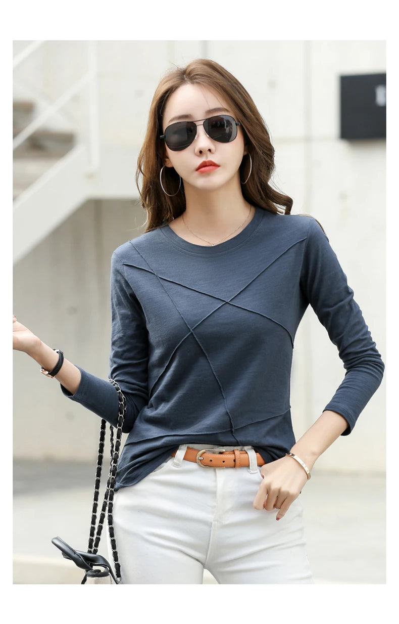 2026 printemps à manches longues femmes col rond bambou coton T-Shirt élégant ample côtelé mode T-Shirt dames Simple hauts