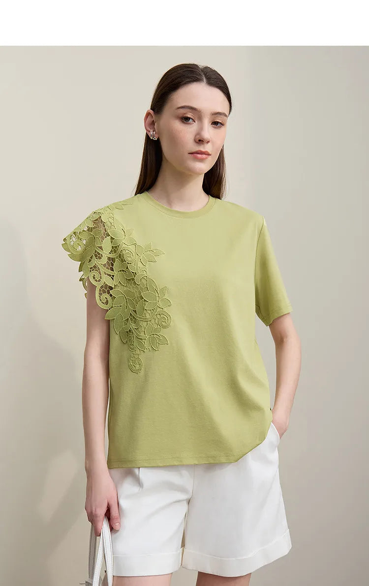 T-shirt femme 2026 été — col rond, coton, anti-transpiration, dentelle asymétrique, ample, manches courtes