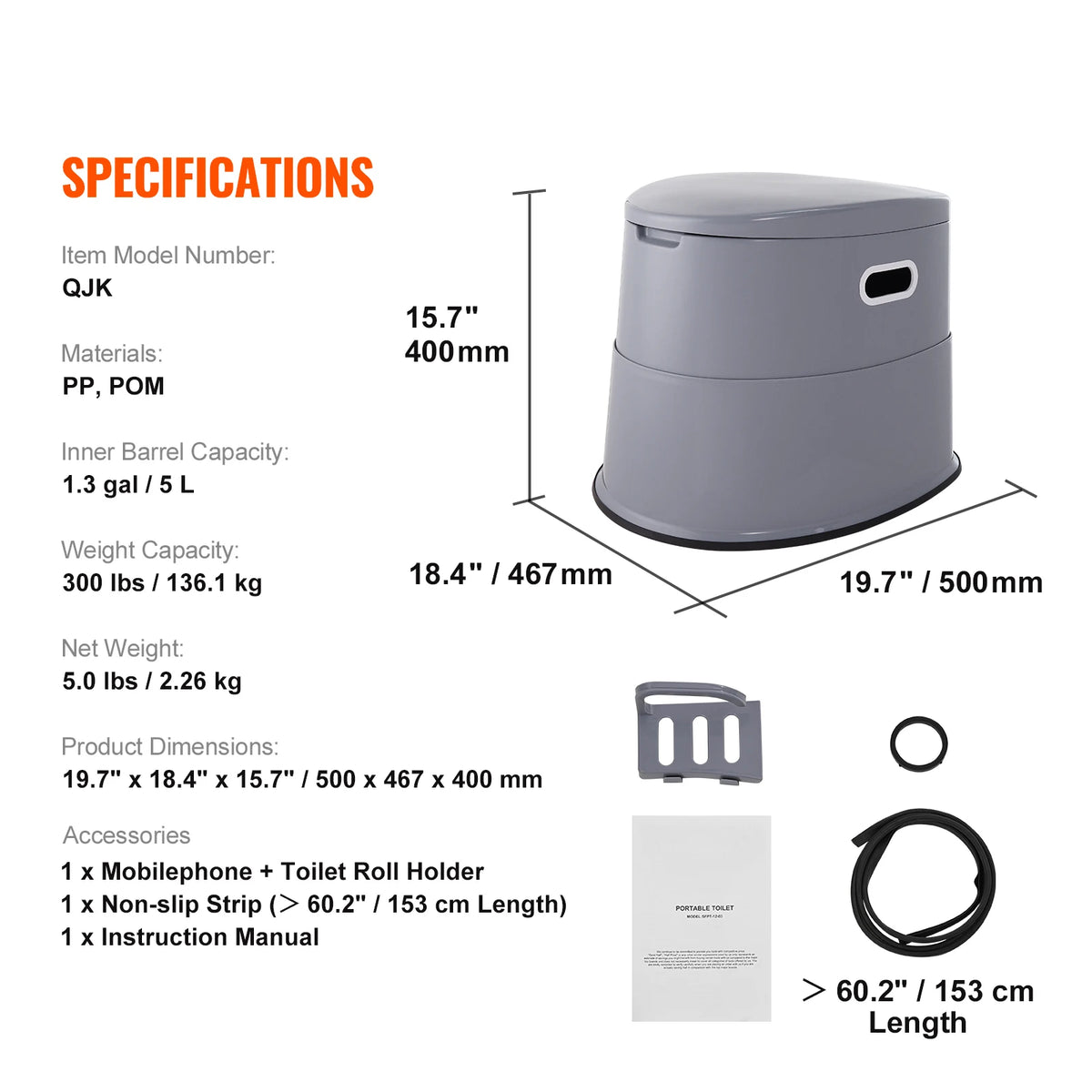 SucceBuy Toilettes portables pour camping Toilettes de voyage avec seau intérieur amovible de 1,3 gal/porte-papier amovible pour un long voyage sur route
