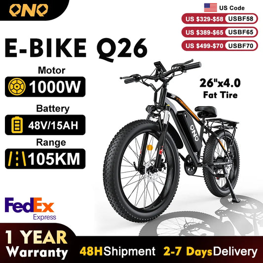 QNQ Q26 Electric Bicycle 1500W Motor 48V15AH Lithium Battery 26 Inch Fat Tire Snow E-bike