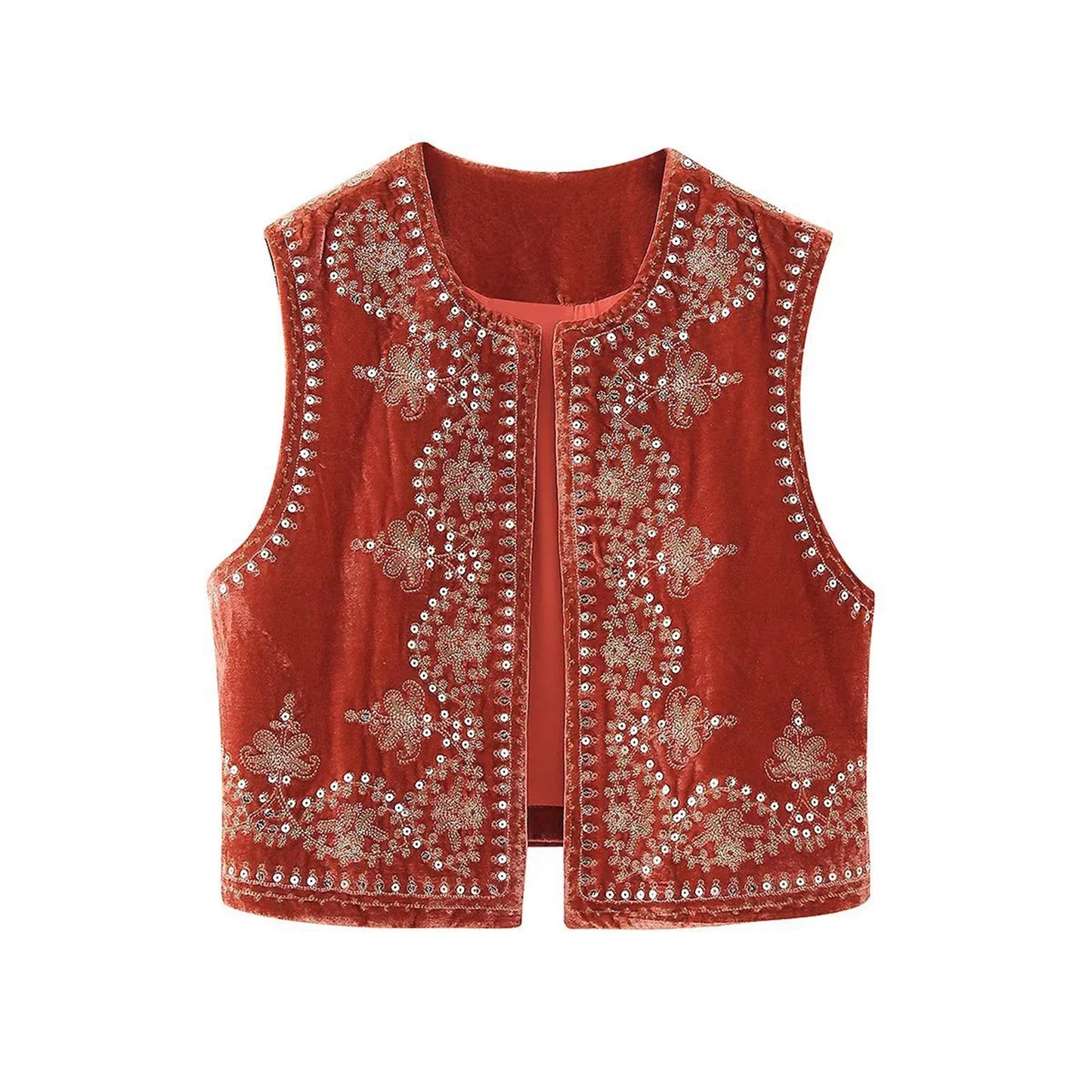 Chaleco bordado negro Vintage con estampado Floral para mujer, sin mangas, frente abierto, corto, versátil, ropa de abrigo y2k, cárdigan Boho corto