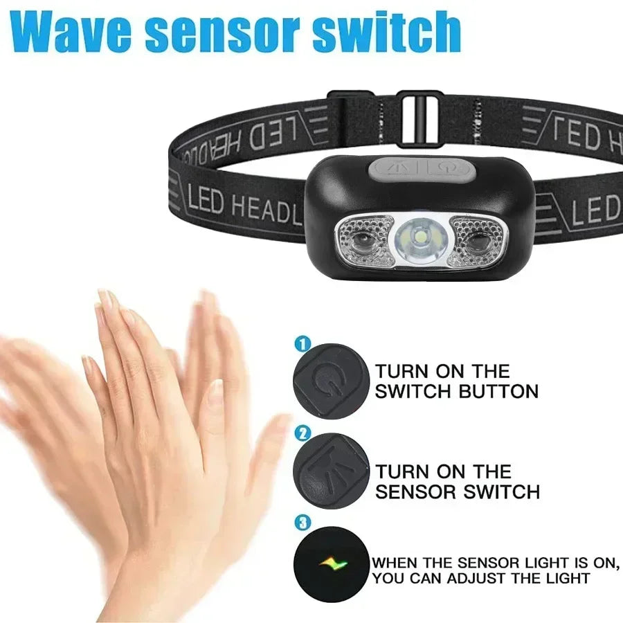 Lampe frontale puissante à LED portable avec capteur, rechargeable par USB, lampe torche frontale pour camping, pêche, lanterne d'urgence
