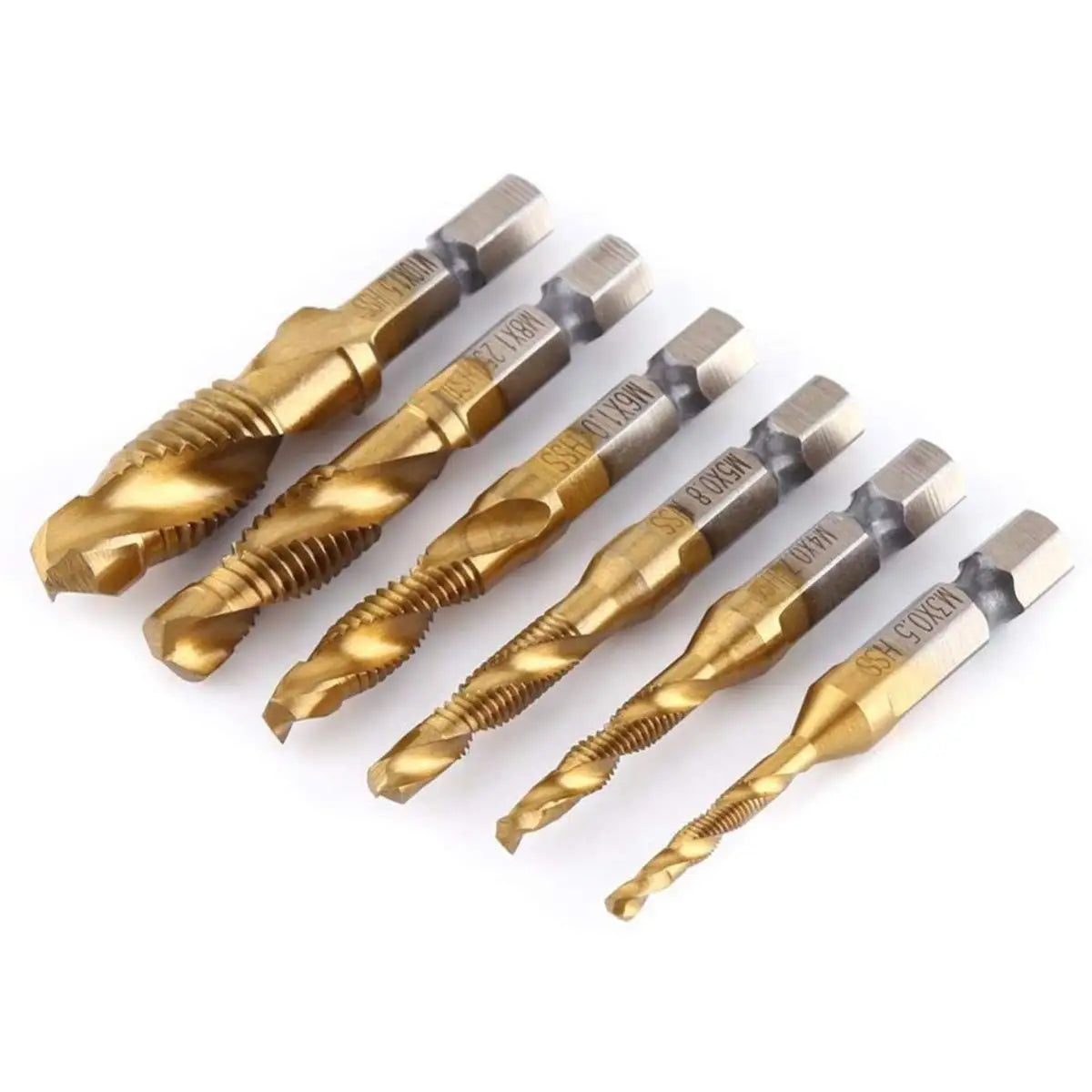 Forets tarauds plaqués titane tige hexagonale HSS — M3, M5, M6, M8, M10, outils à main