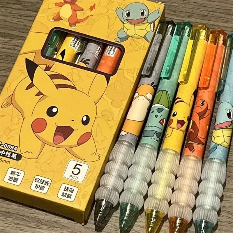 Plumas de Gel de presión de Pokemon Pikachu Squirtle Charmander, 5 piezas, juego de bolígrafos de Gel de dibujos animados, útiles escolares y de oficina, regalos para niños