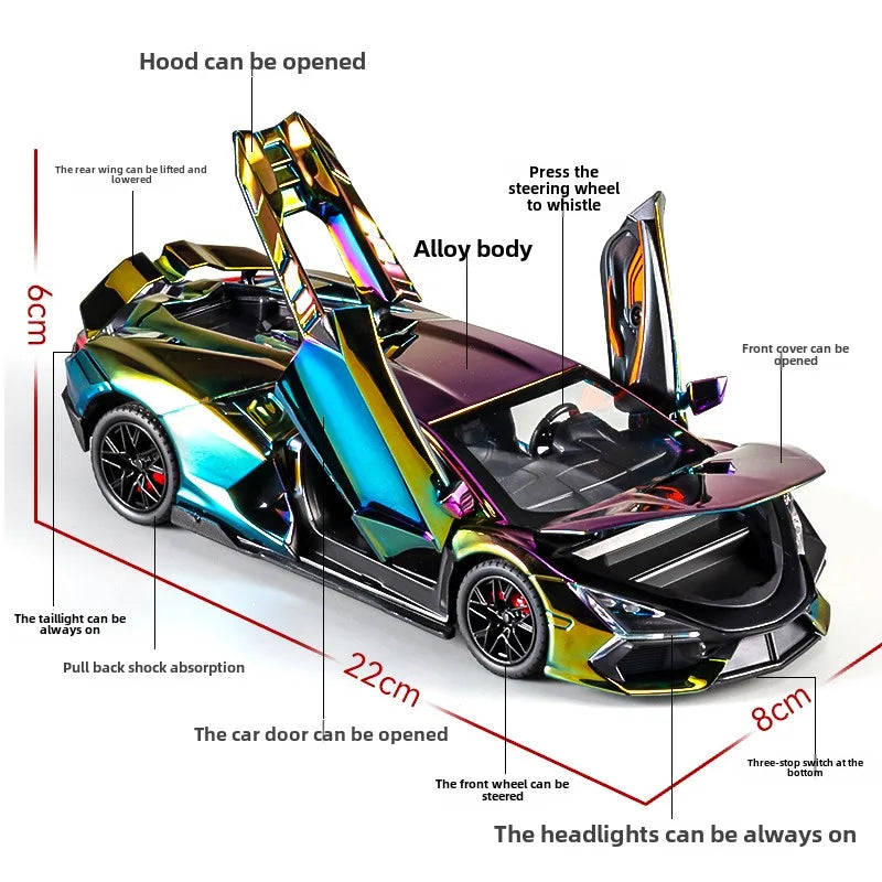 Simulación 1:24 Lamborghini Revuelto Supercoche con luz y sonido para niños, regalo de cumpleaños, coche en miniatura, decoración del hogar