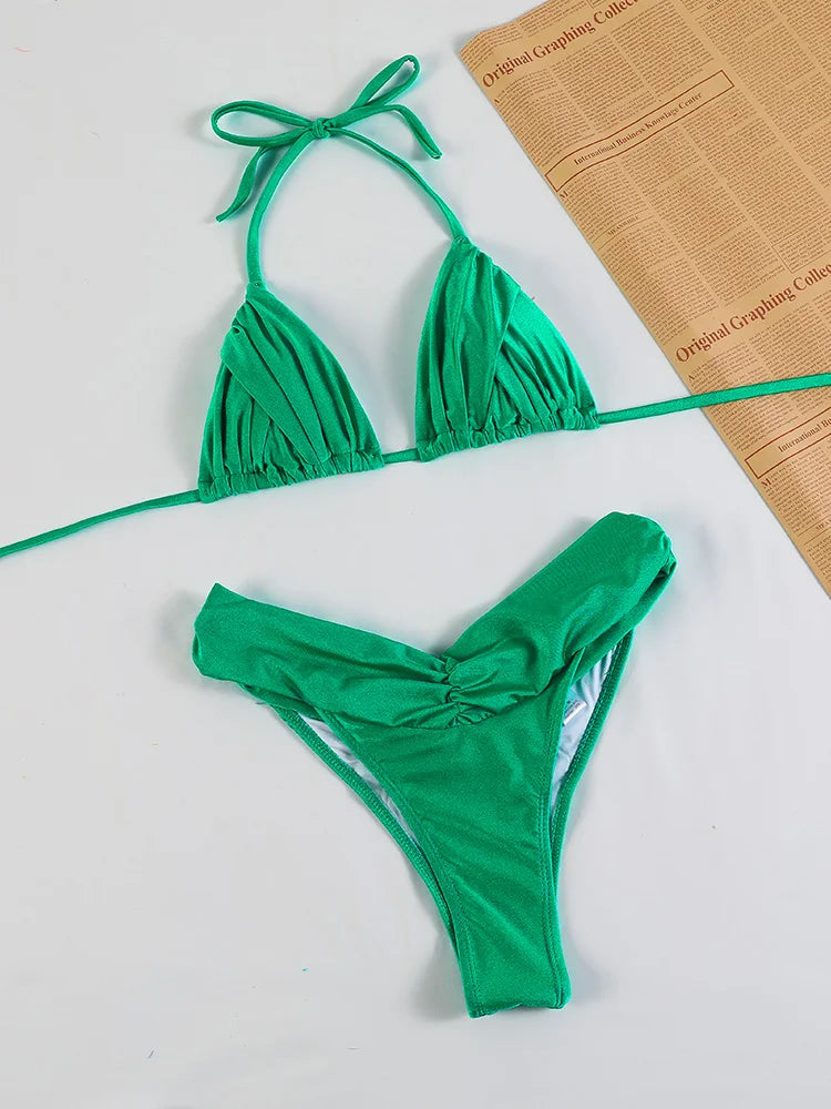 Sexy plis Bikini ensemble solide Micro Bikinis femmes maillot de bain femme Triangle maillots de bain vêtements de plage maillot de bain