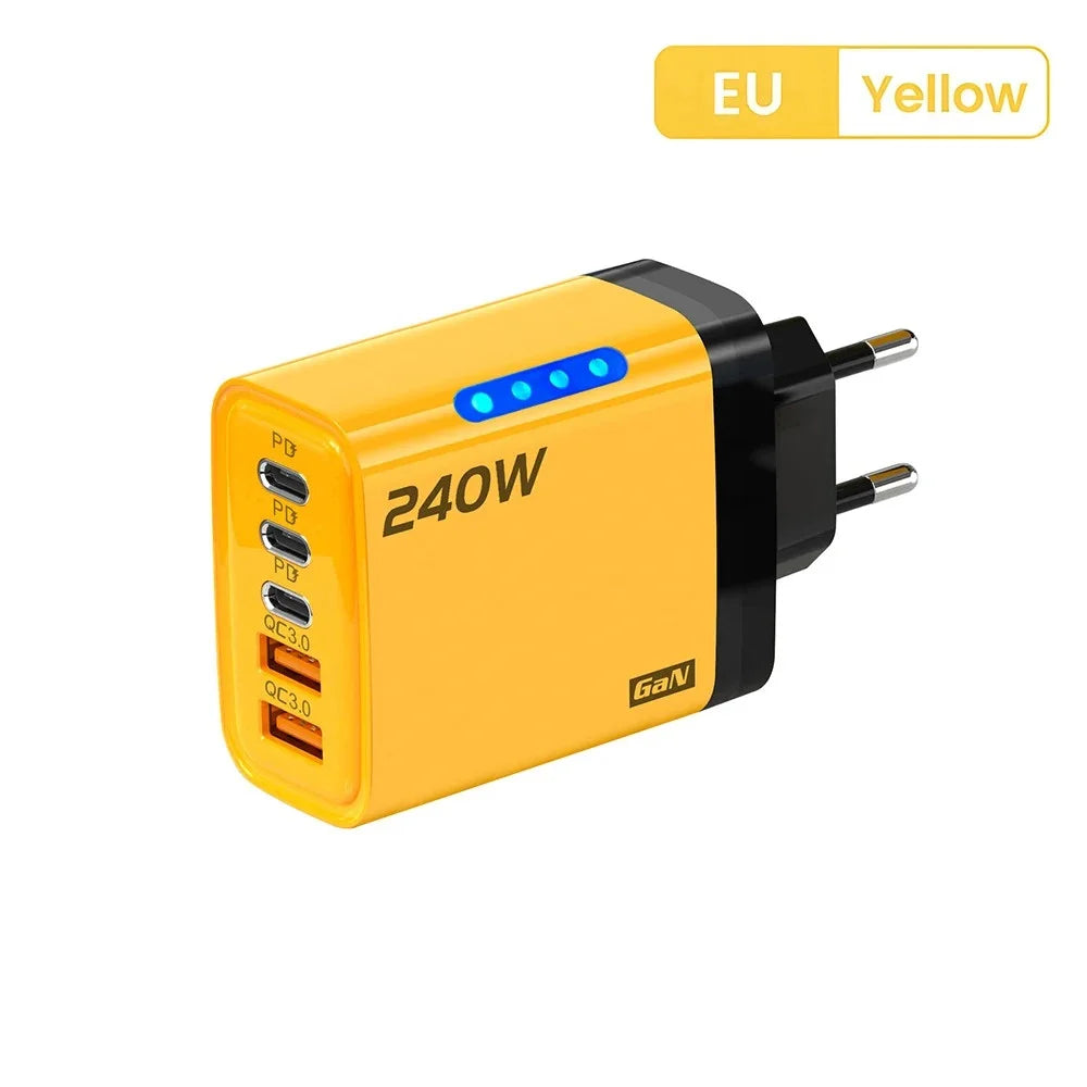 240W 5-in-1 GaN Phone Charger, 10A Fast Charging Adapter, USB to Type-C Cable, 3 PD Ports, 2 USB Ports, for iPhone 16 15 Pro, Xiaomi